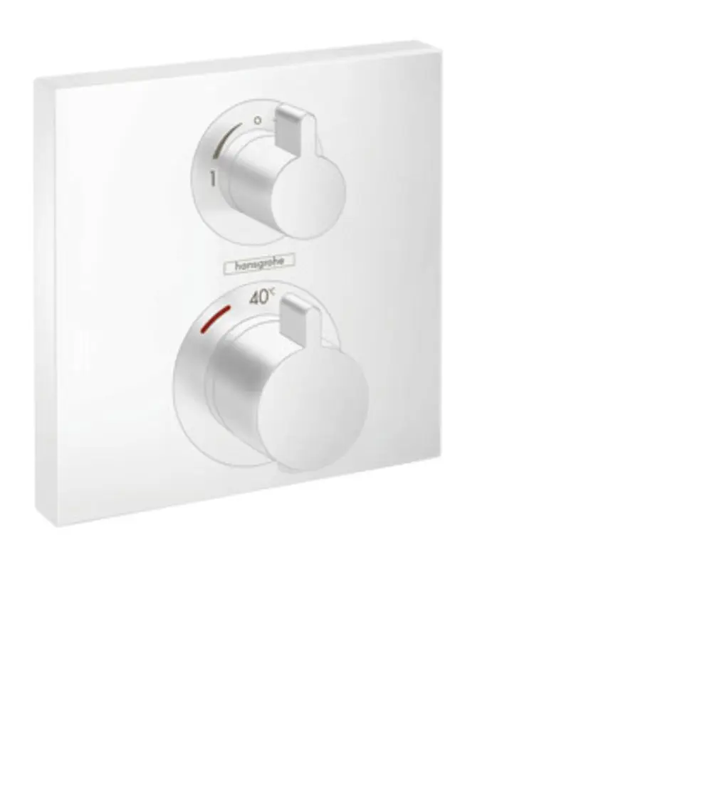 Thermostat mit zwei drehbaren Reglern auf weißem Unterputzpanel. Marke: Hansgrohe. Ein Regler zeigt eine Temperaturmarkierung von 40°C.